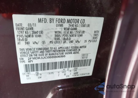 2011 Ford Edge Sel из США, поврежденный, VIN 2FMDK3JC0BBB06595